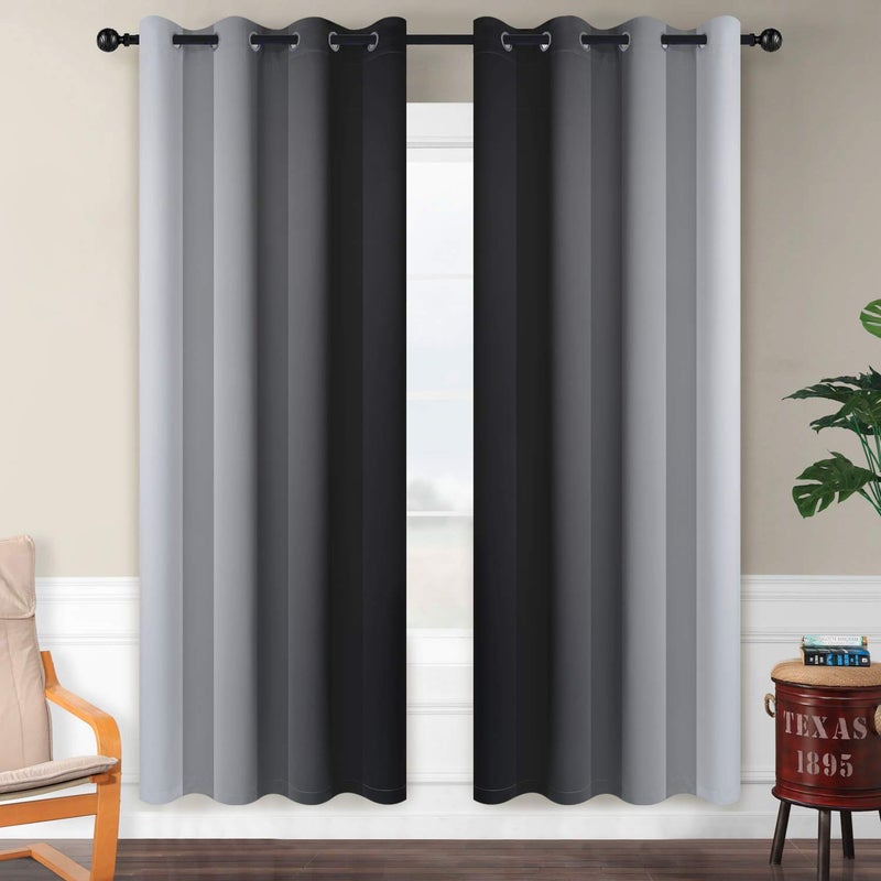 SimpleHome Ombre Room Darkening Curtains for Living Room, Light Blocking Gradient Black to Grey White Thick Thermal Insulated Grommet Window Curtains/Drapes for Bedroom, 2 Panels, 52x72 inches Length - Image 2